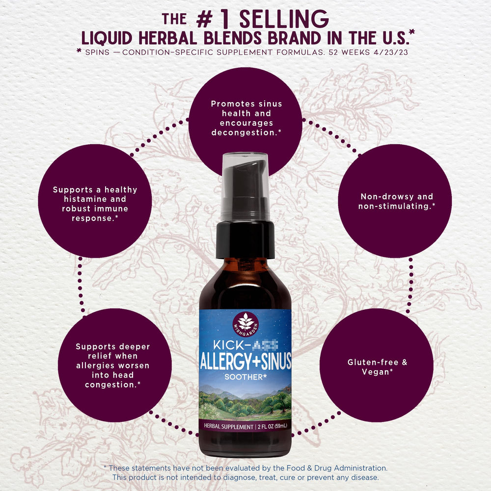 WishGarden Kick-Ass Allergy & Sinus ingredients blend close-up highlights organic herbs.