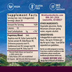 WishGarden Kick-Ass Immune Activator ingredients close-up highlighting organic echinacea and goldenseal.