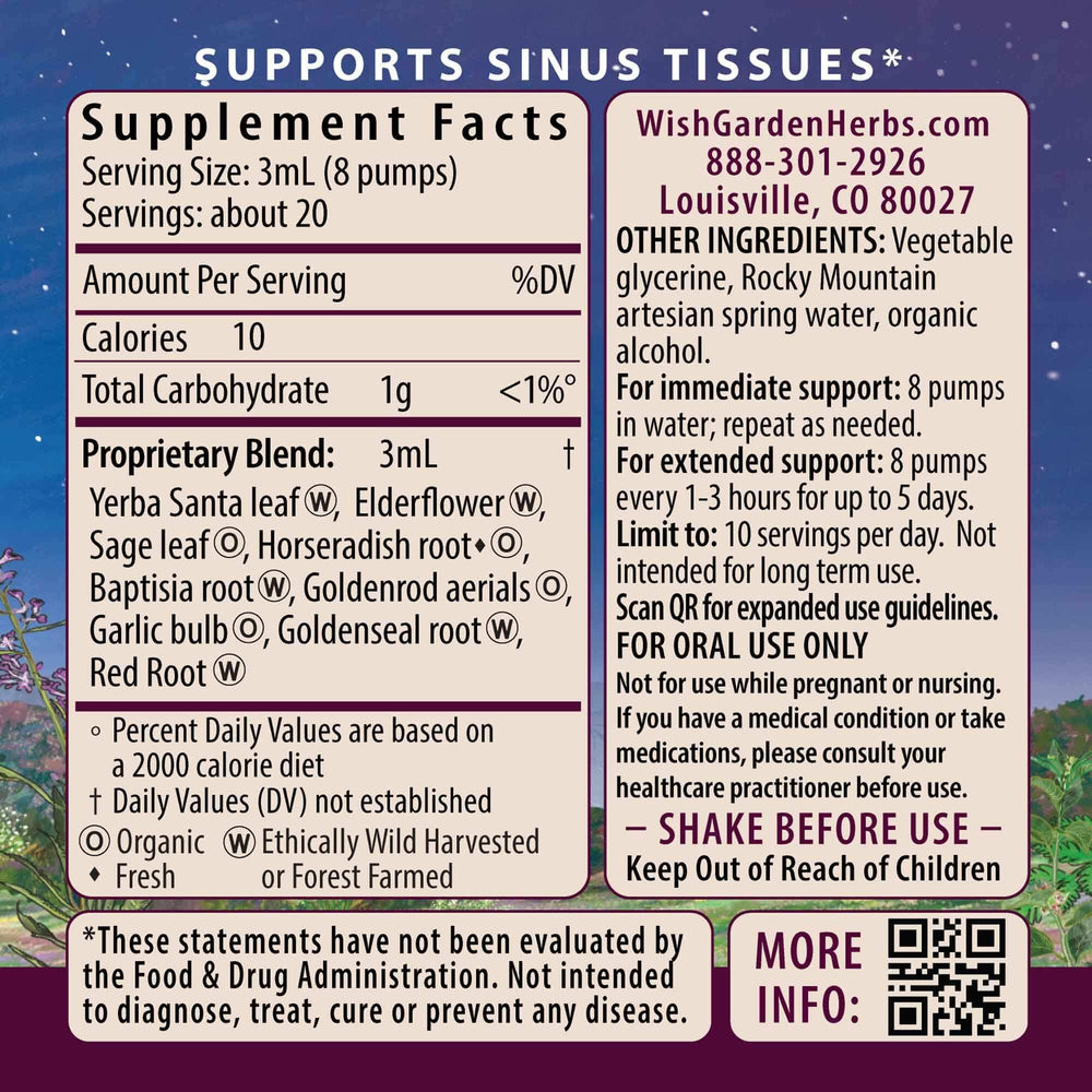 WishGarden Kick-Ass Sinus herbal blend close-up highlighting active ingredients.