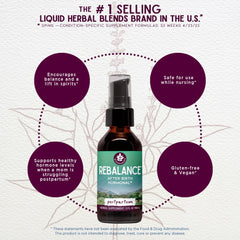 WishGarden ReBalance ingredients highlight Vitex and Motherwort in a balancing herbal blend.