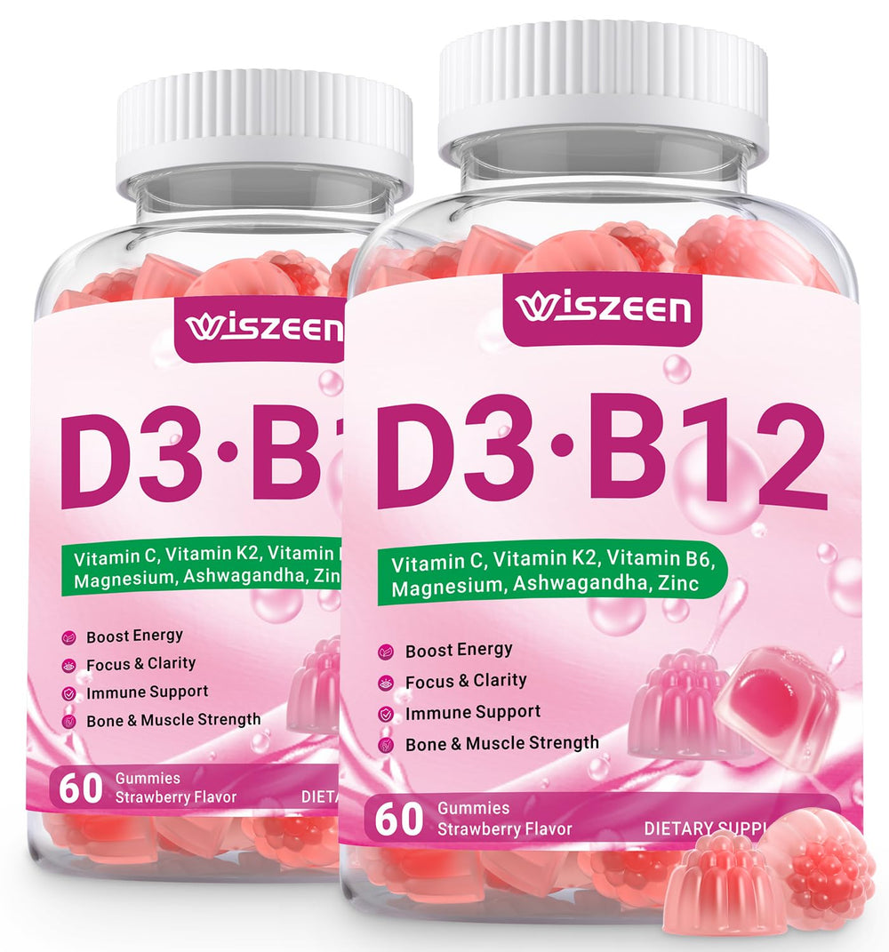 Wiszeen vitamin D3 B12 gummies bottle for daily energy and wellness
