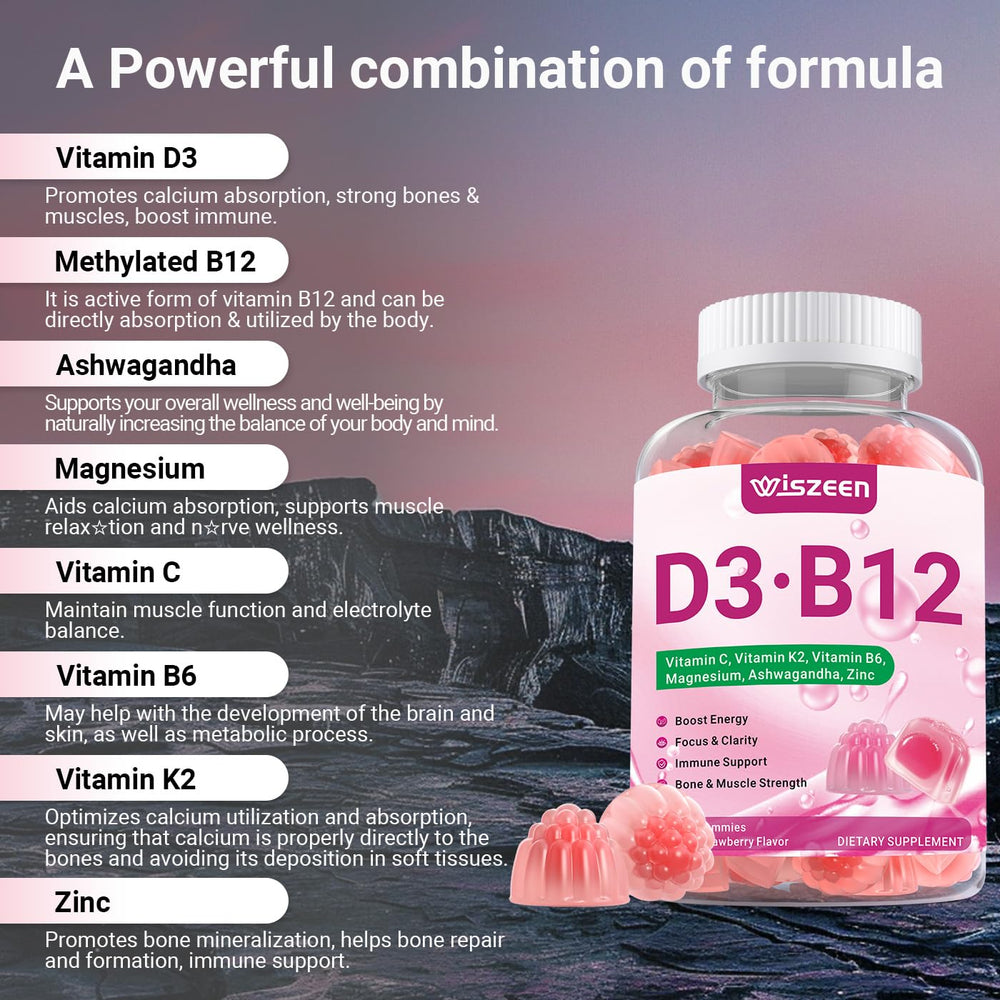 Wiszeen vitamin D3 B12 gummies ingredients label with D3 and B12