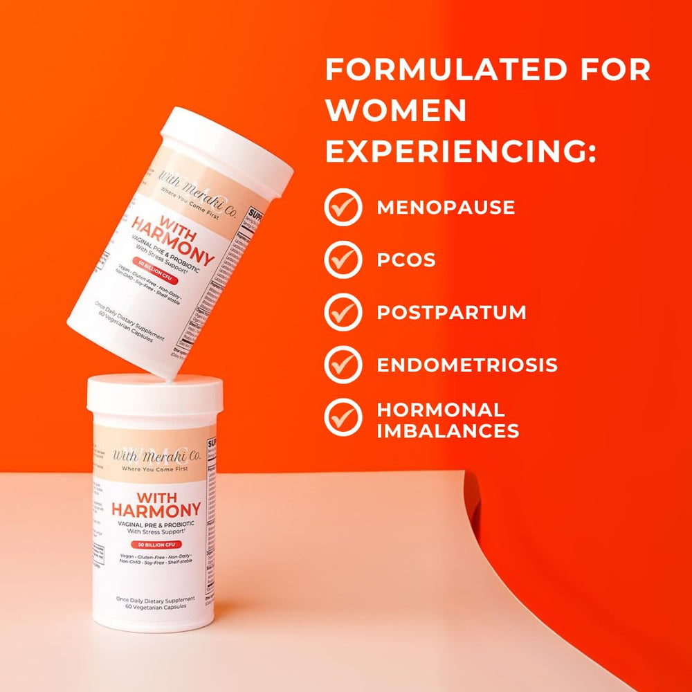 With Meraki Co Harmony daily-use packaging shows convenient, shelf-stable probiotic solution.