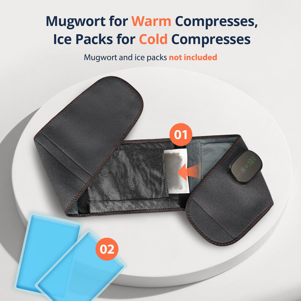 Mesh pocket supports mugwort patches or gel packs for therapy.