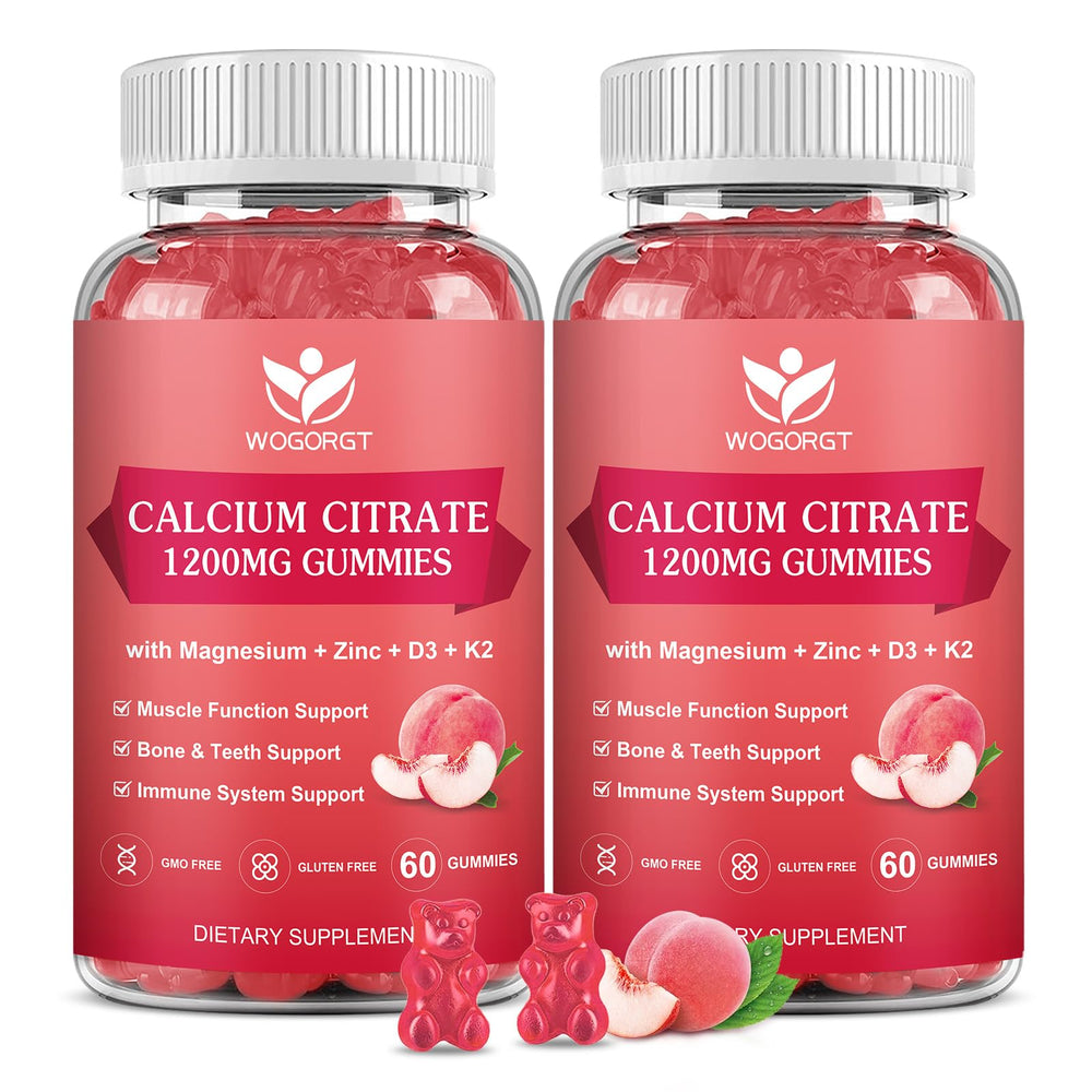 WOGORGT calcium citrate gummies bottle top with peach flavor supporting bone health.