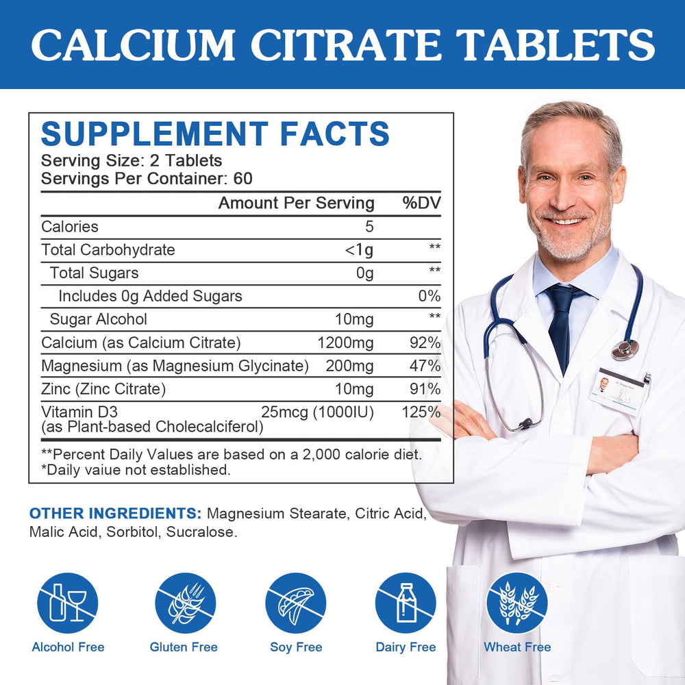 WOGORGT Calcium Citrate 1200mg tablet dissolving scene shows easy dissolution for gentle daily intake