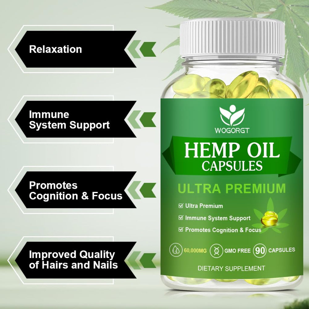 WOGORGT hemp oil capsules in hand emphasizes portable daily use