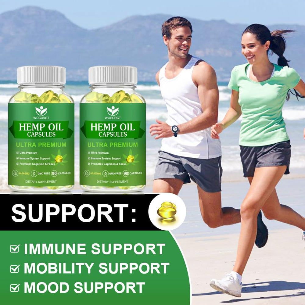WOGORGT hemp oil capsules packaging on countertop suggests daily wellness routine