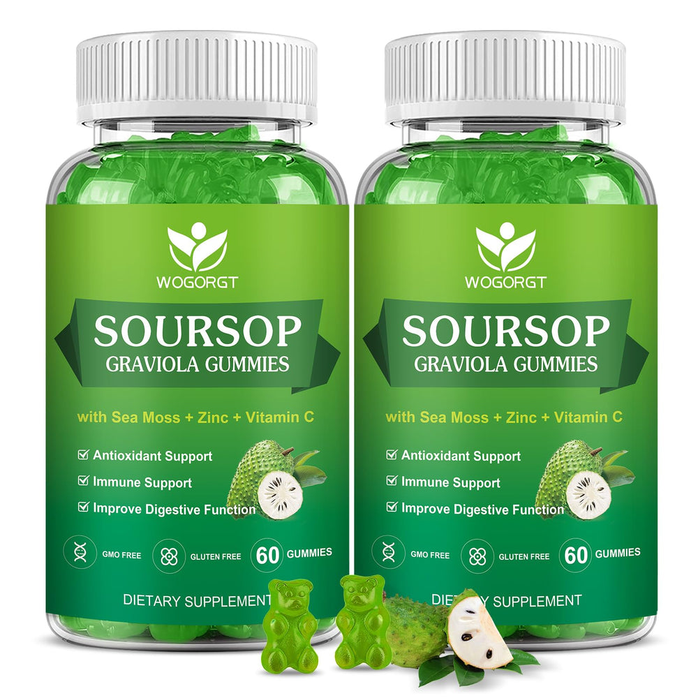 WOGORGT Soursop Graviola gummies bottle showing daily immune support potential.