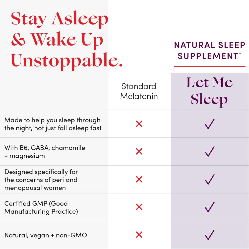 Womaness Let Me Sleep label front - clean hormone-free nighttime formula.