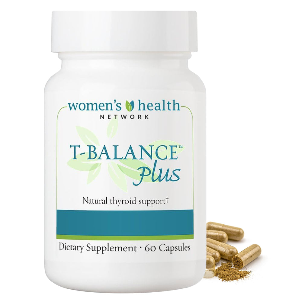 T-Balance Plus bottle cap closeup by Women’s Health Network, illustrating convenient thyroid support capsules.
