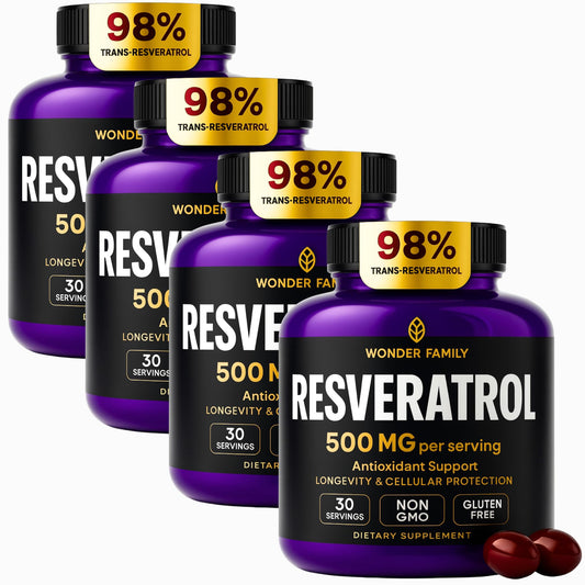 WONDER FAMILY Resveratrol bottle close-up highlights vegan, non-GMO formula for daily wellness.