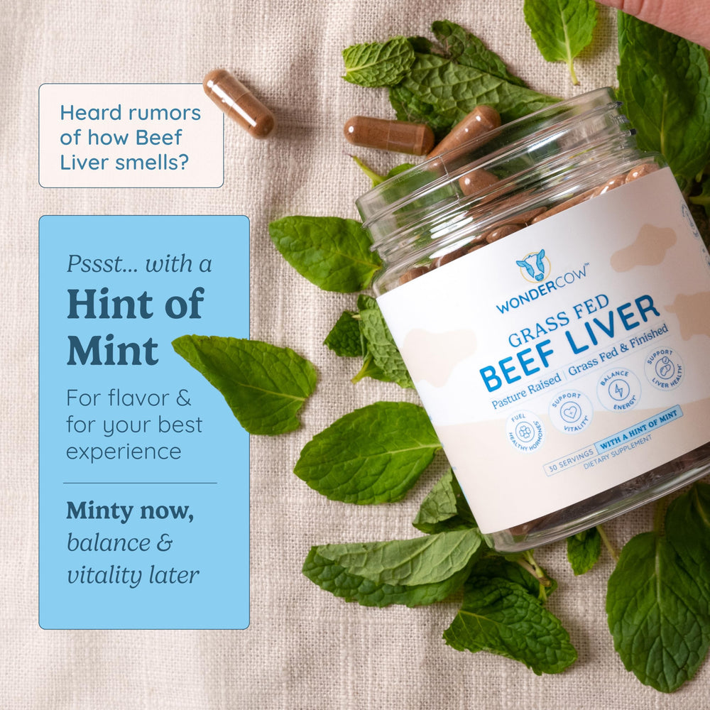 WonderCow bottle with mint flavor capsules ready to take for convenient wellness.
