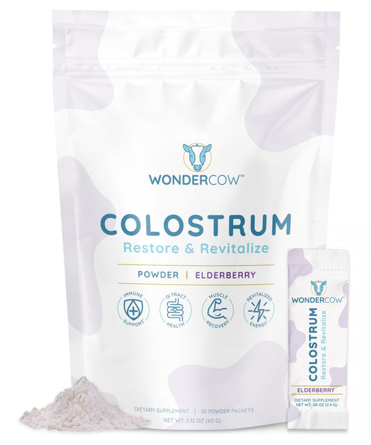 WonderCow colostrum with elderberry powder in tub, supports immune potential.