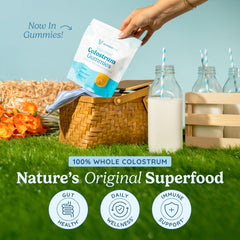 WonderCOW Colostrum Gummies ingredients label highlights clean, sugar-free formula.