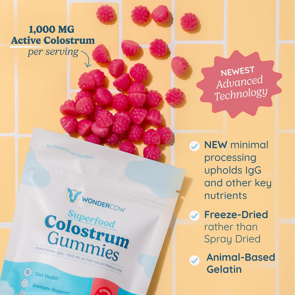 WonderCow Colostrum Gummies jar back shows ingredient panel and purity details