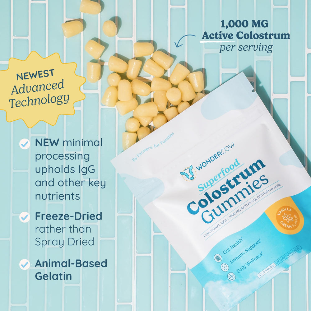 WonderCOW Colostrum Gummies vanilla-cream jar close-up for convenient daily use.