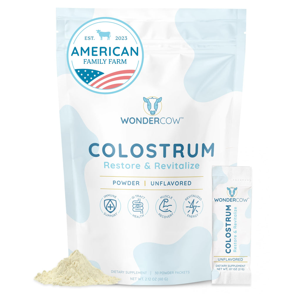 WonderCow Colostrum powder tub close-up showing pure unflavored daily use.