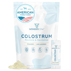 WonderCow Colostrum powder tub close-up showing pure unflavored daily use.