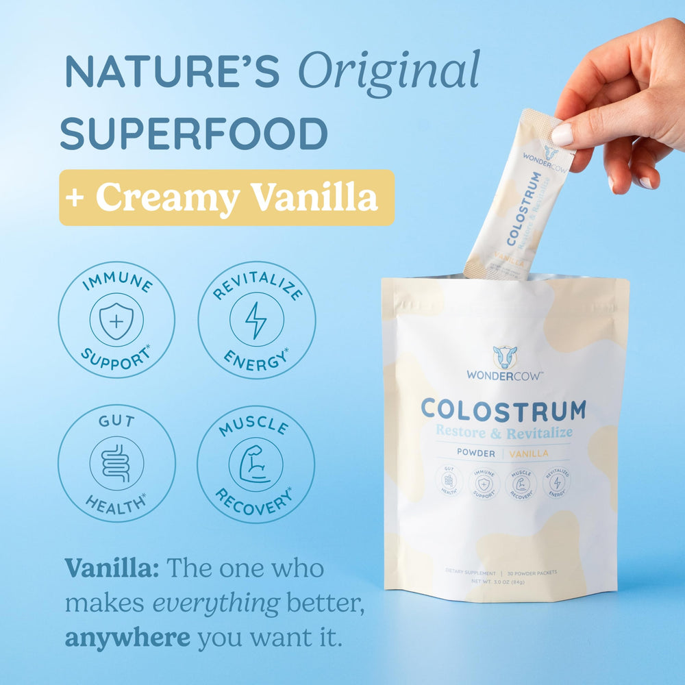 WonderCow colostrum shake in glass shows easy mix into smoothies for gut health.