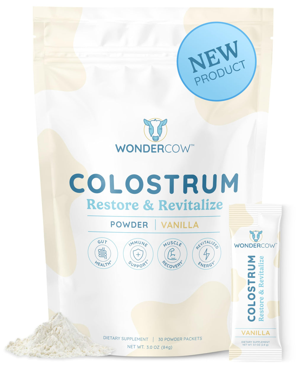 WonderCow colostrum vanilla powder bottle supports daily wellness.