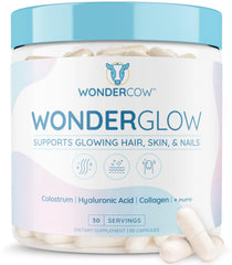 WonderCow hair, skin, and nails bottle shows the capsule formula for daily beauty support.