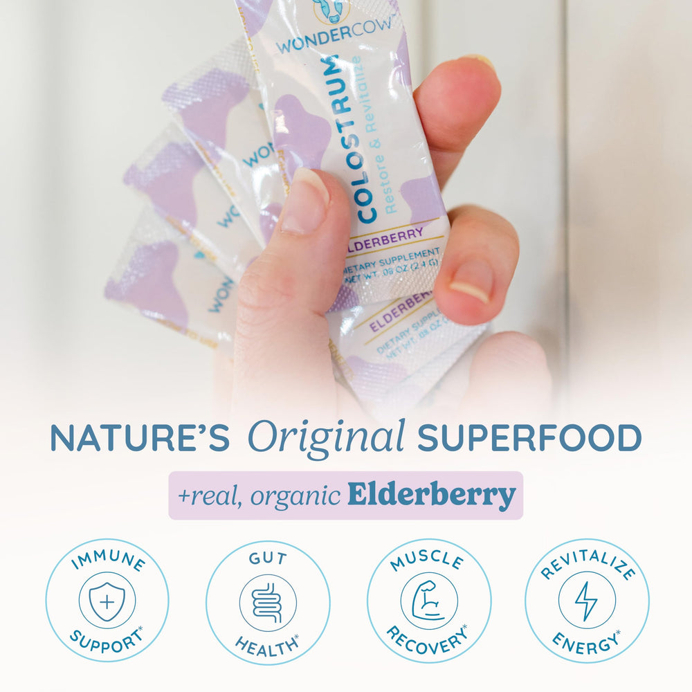 WonderCow packaging label showing pure colostrum and ethical sourcing.