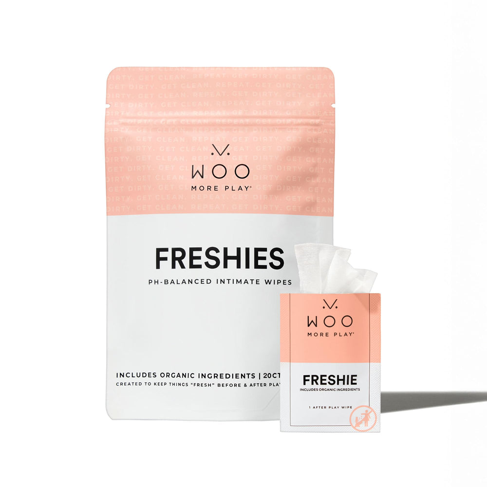 Woo More Play Freshies wipes packaging front highlights the brand for on-the-go freshness.