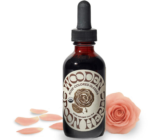 Wooden Spoon Herbs Rose-Colored Glasses tincture bottle supports mood and calm.
