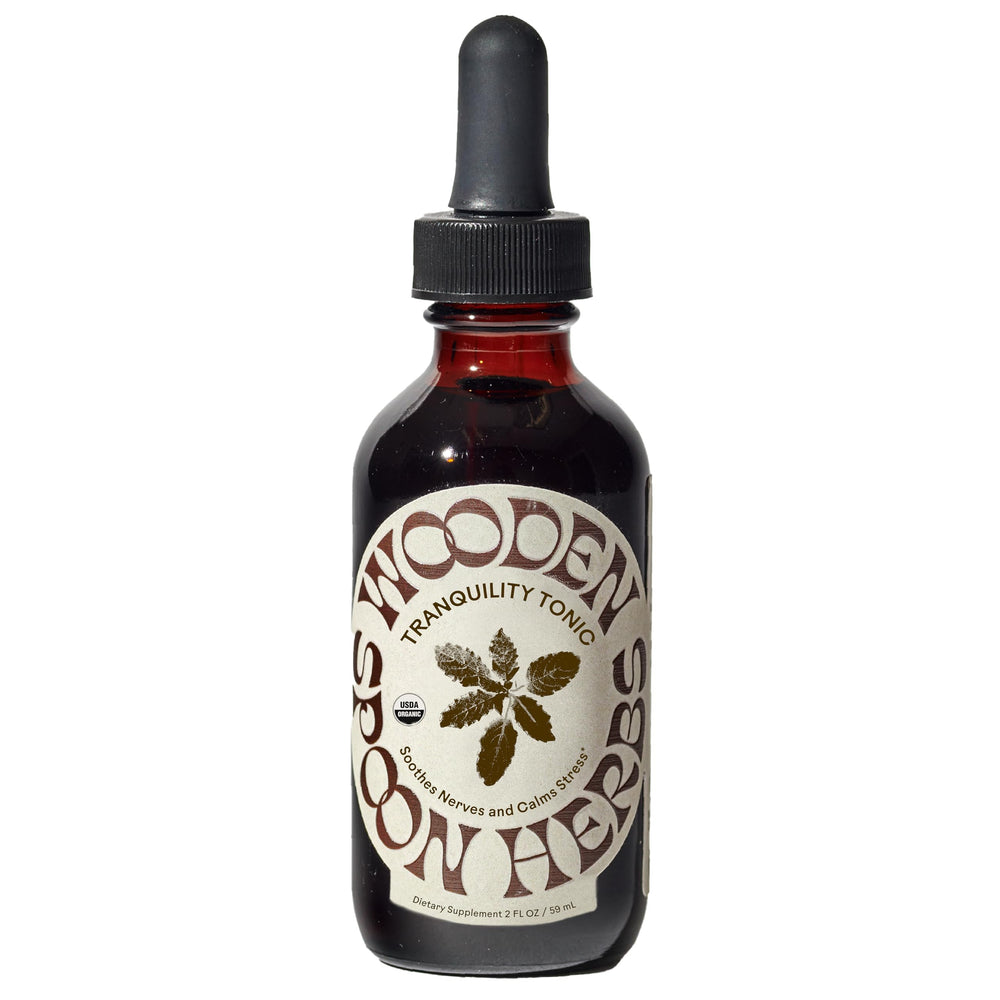 Wooden Spoon Herbs Tranquility Tonic bottle for stress relief.