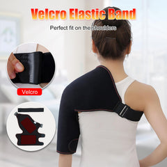 WOOLALA heated shoulder brace adjustable strap supports secure use during activities.