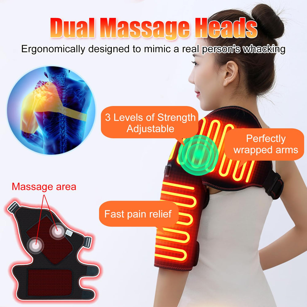 WOOLALA heated shoulder brace massager heat settings illustrate customizable warmth for comfort.