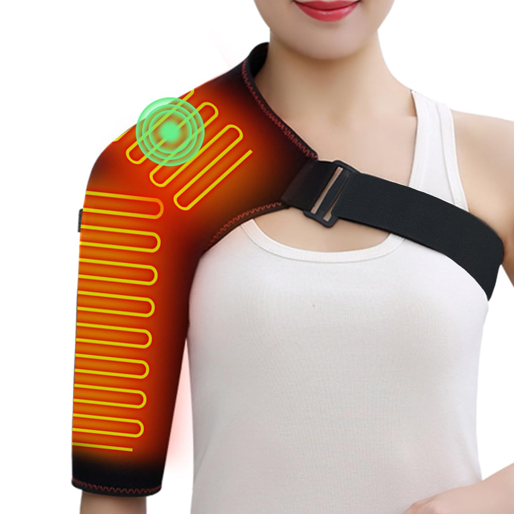 WOOLALA heated shoulder brace massager side view with targeted heat therapy for sore shoulders