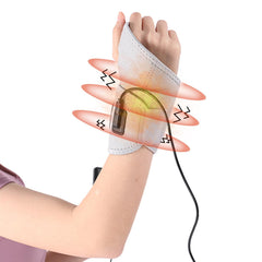 WOOLALA heated wrist brace front view with adjustable strap for a customizable fit.