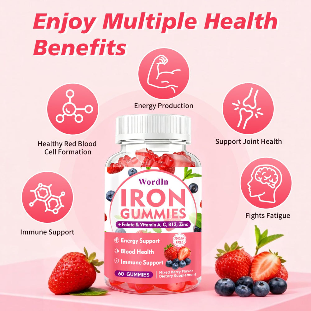 Wordln Iron Gummies nutrition label view showing vitamin C and B12.