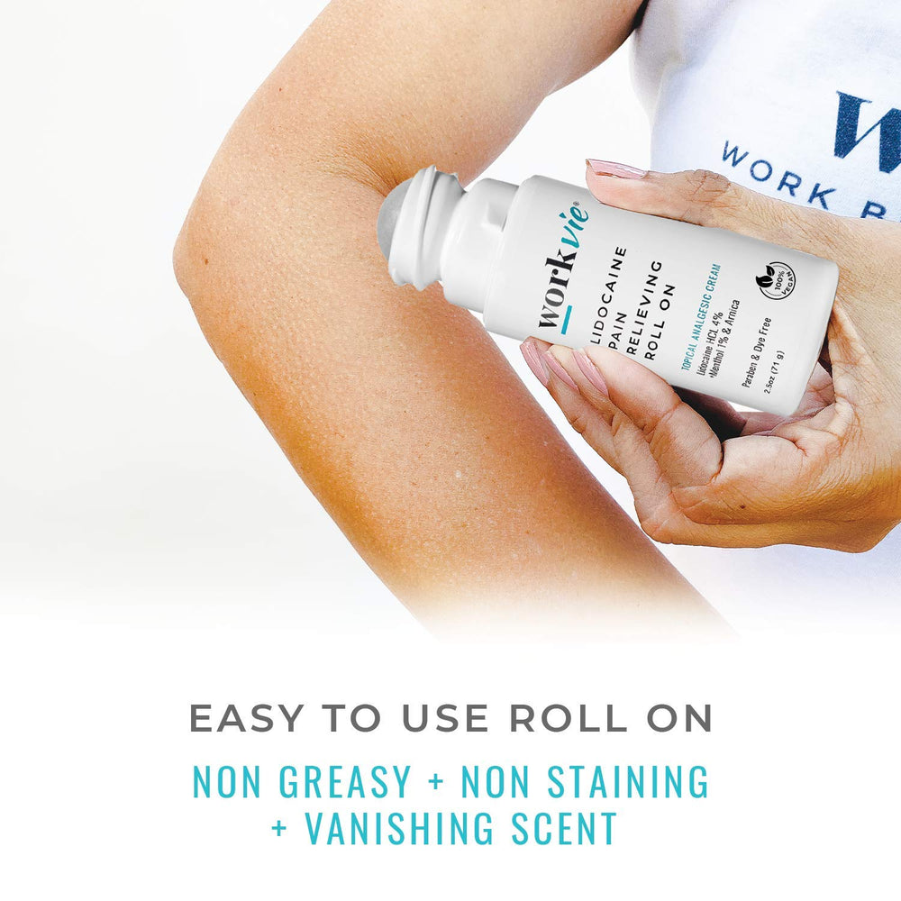 Workvie Lidocaine Roll-On applied to shoulder for targeted relief.