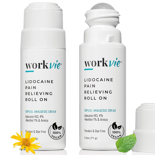 Workvie lidocaine roll-on bottle with precision applicator for quick relief.