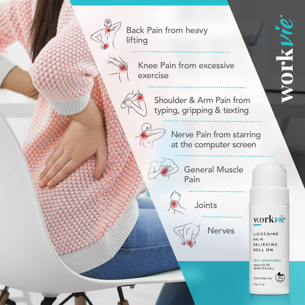Workvie Lidocaine Roll-On bulk six-pack packaging for clinics.