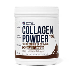 Wound Care Plus collagen powder chocolate bottle shows easy mixability and grass-fed formula.