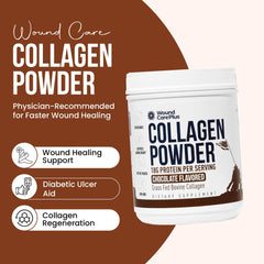 Wound Care Plus collagen powder chocolate scoop highlights a measured serving for daily protein.