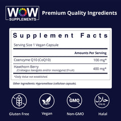 WOW Supplements CoQ10 100 mg capsules highlighting Hawthorn Berry for energy metabolism