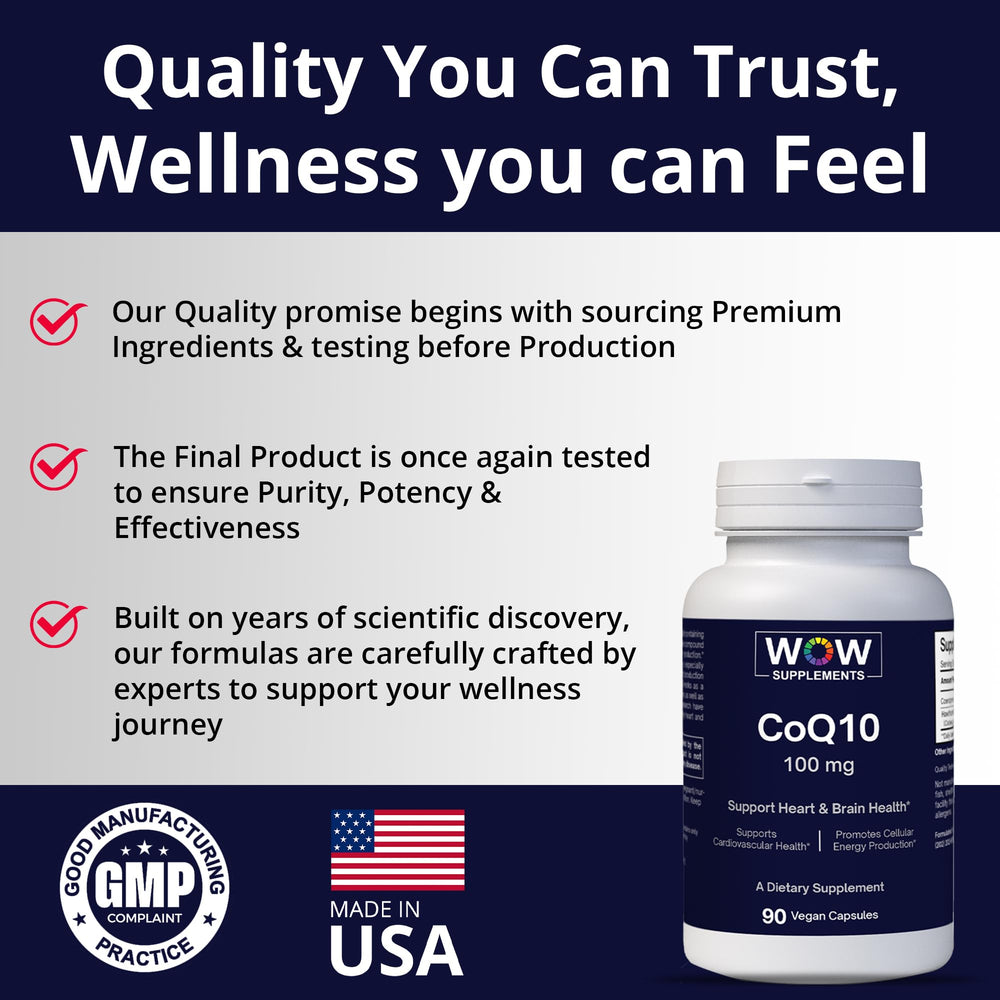 WOW Supplements CoQ10 vegan gluten-free packaging on display