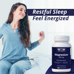 WOW Supplements Magnesium 400 mg on a nightstand for convenient evening use