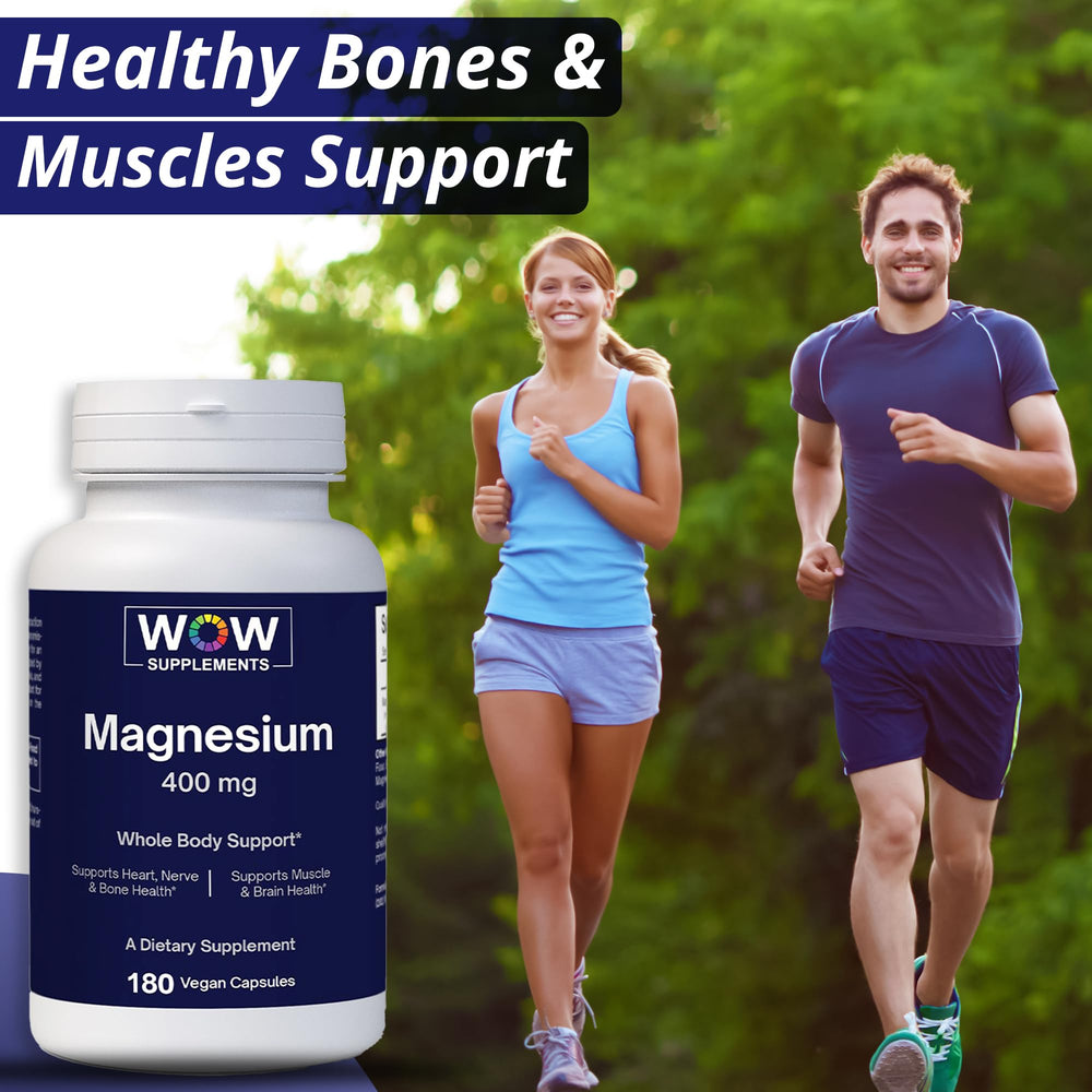 WOW Supplements Magnesium 400 mg packaging front indicating quality and contents