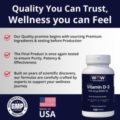 Box packaging of WOW Supplements Vitamin D3 5000 IU.