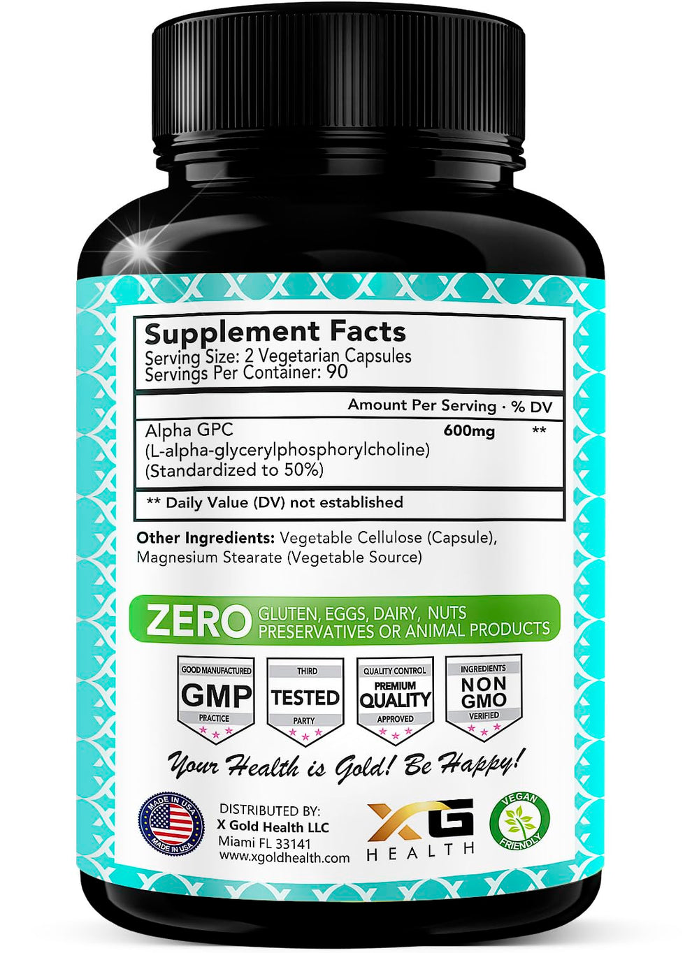 X Gold Health Alpha GPC capsules closeup highlighting 600 mg per serving.