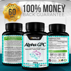 X Gold Health Alpha GPC mood-friendly formula beside a glass of water.