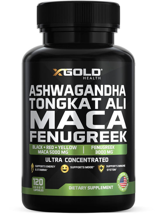 X Gold Health ashwagandha-tongkat-maca-fenugreek bottle shows a potent daily herbal blend.