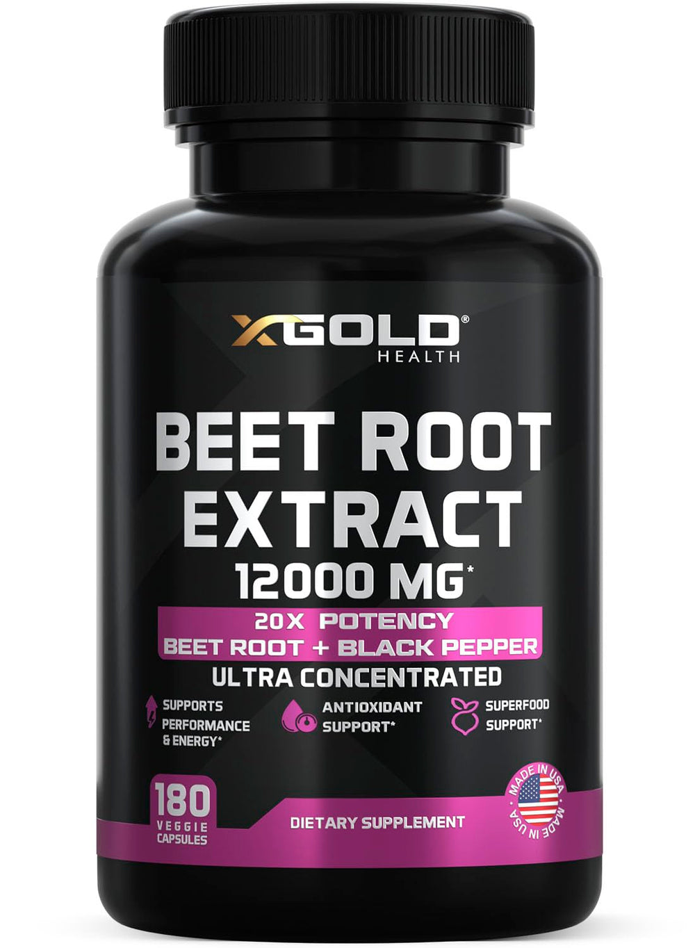 X Gold Health Beet Root Extract bottle highlights concentrated nitrate power for energy support