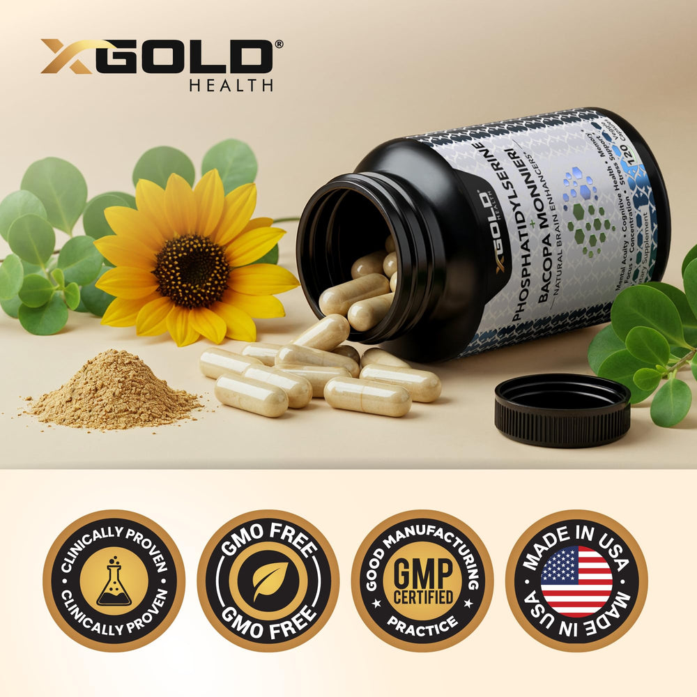 X Gold Health bottle label close-up highlighting non-GMO and gluten-free claims